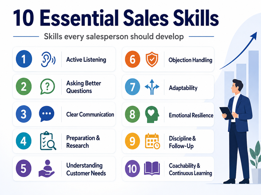 Infographic showing 10 essential sales skills including active listening, communication, objection handling, adaptability and coachability