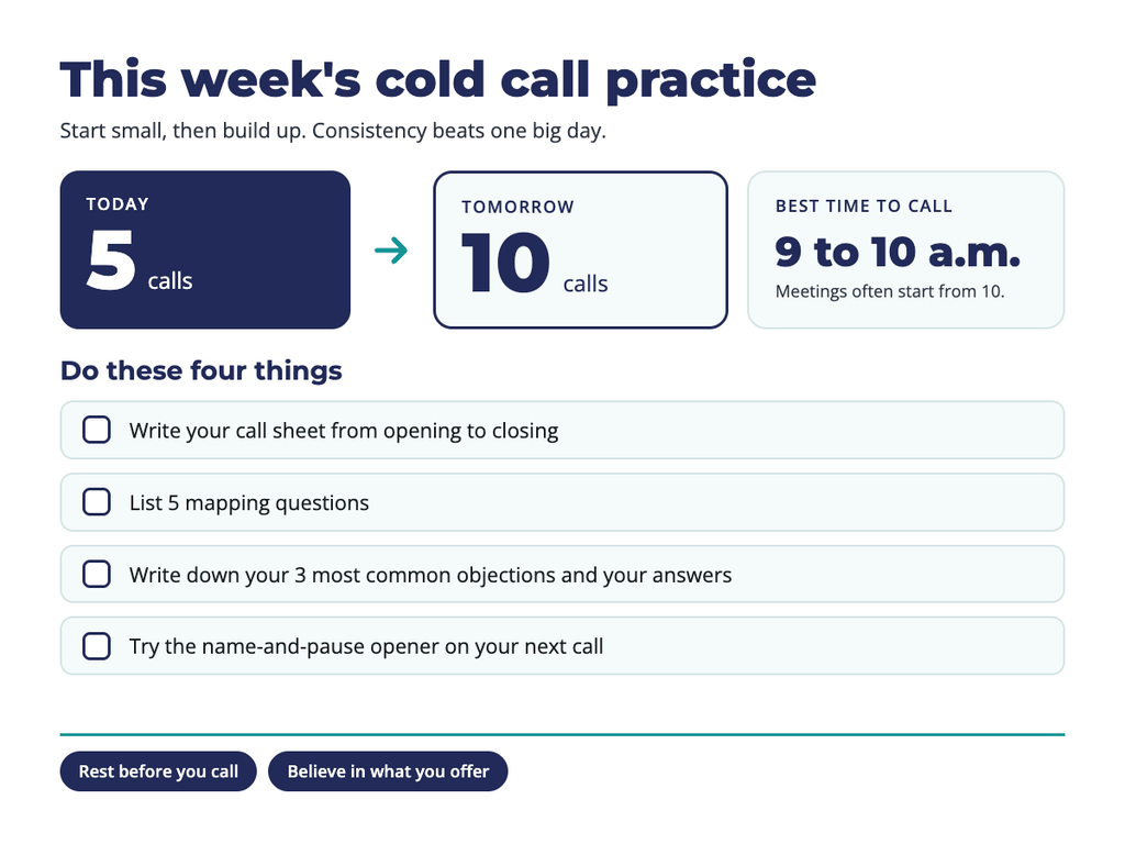 Weekly cold call practice checklist: 5 calls today, 10 tomorrow, call between 9 and 10 a.m.
